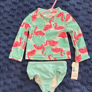 NWT Carter's Girls' Mint Flamingo Rash Guard Swim Set